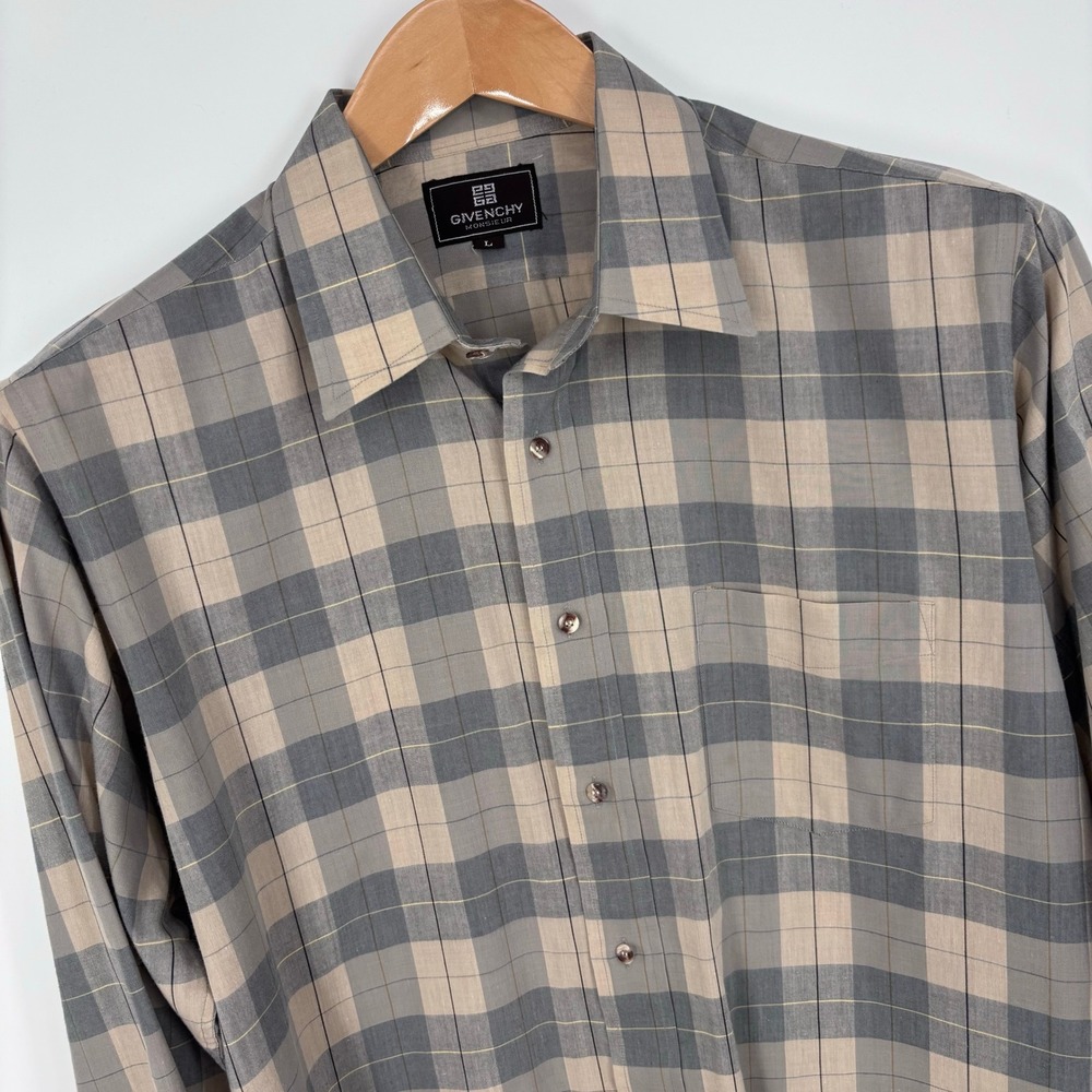 VTG Givenchy Monsieur Plaid Button Down Shirt Mens Large Grey Beige Luxury